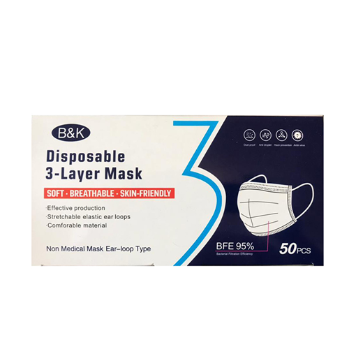 ماسک سه لایه پرستاری B&K وارداتی بسته 50 عددی رنگ سفید(تضمین اصالت و کیفیت)