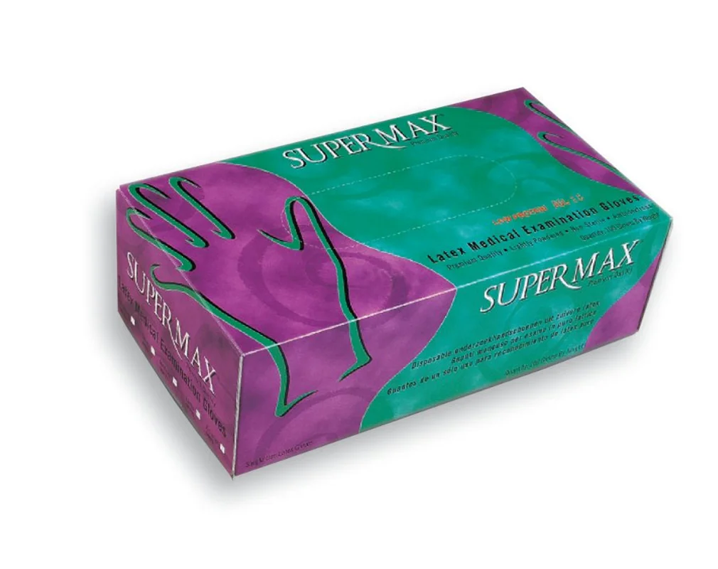 دستکش کم پودر پزشکی لاتکس SuperMax بسته 100 عددی سایز متوسط (Medium)